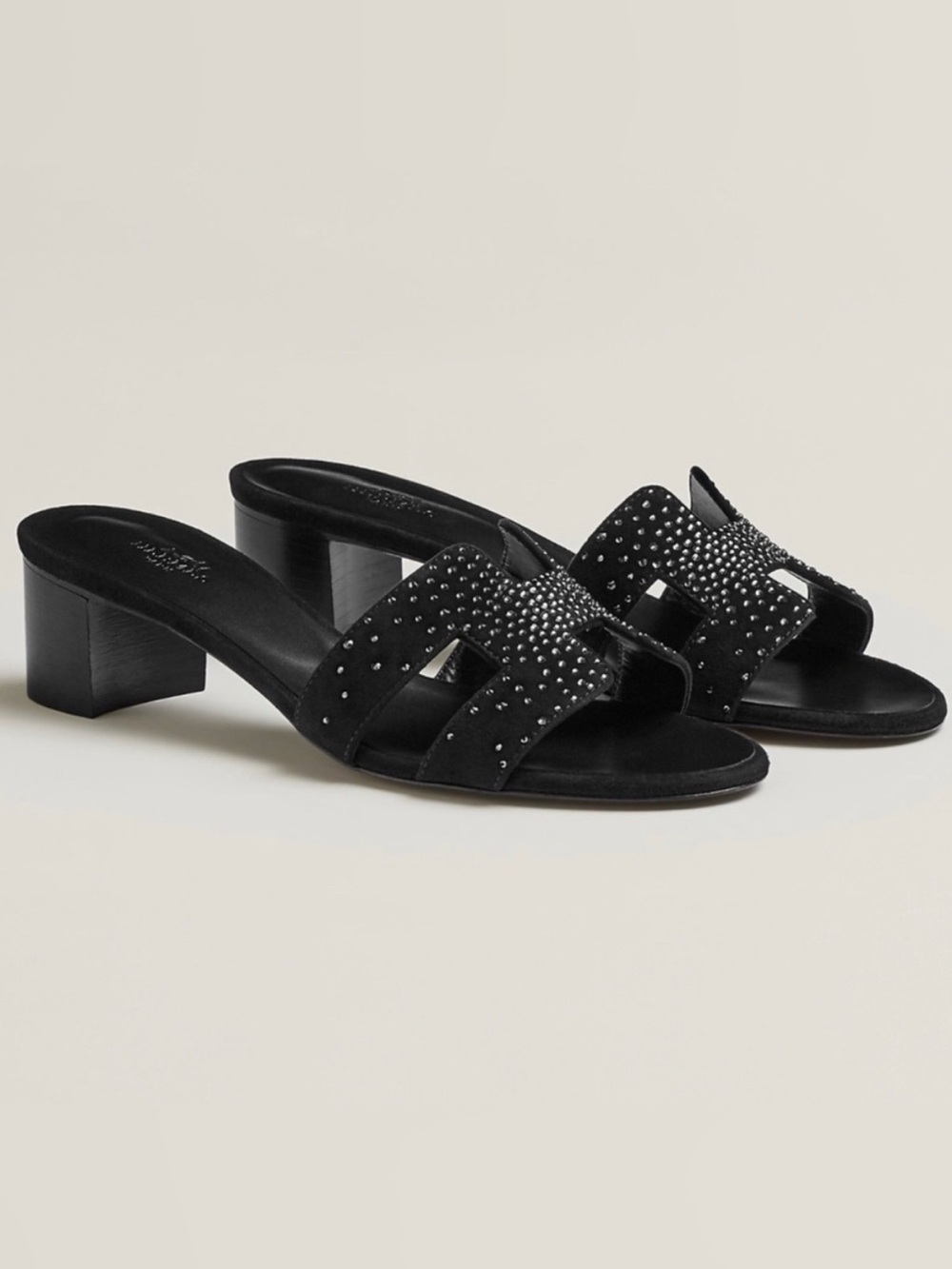 Hermes Women's Black Embellished Oasis Heel Sandals - Size 38.5 EU, 8.5 US